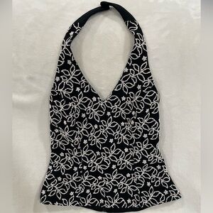 Vintage Y2K Xscape Black V-Neck Halter Top with White Floral and Leaf Beadwork